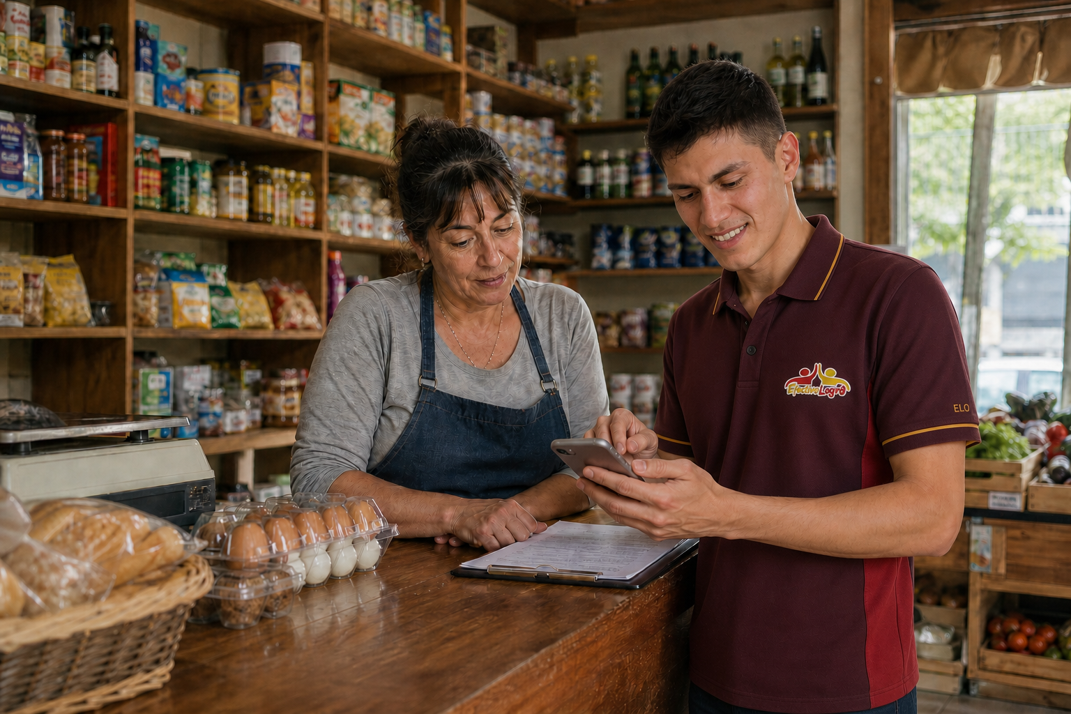 Asesor de EfectivoLogro visitando a una comerciante y mostrándole la gestión desde su celular