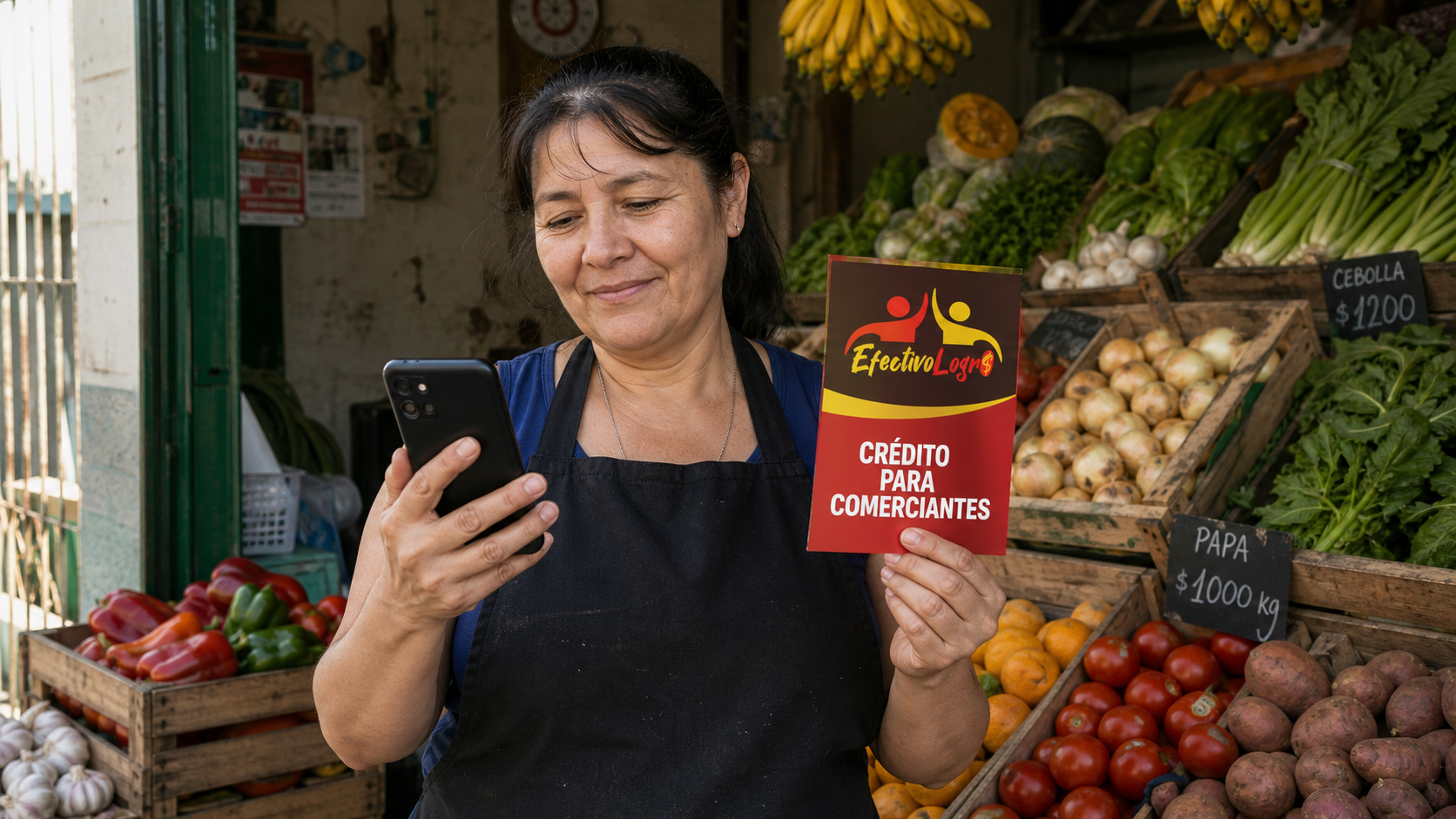 Comerciante de una verdulería usando su celular y sosteniendo un volante de EfectivoLogro